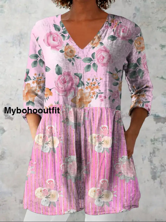 Women’s Stylish Elegant Art Floral Print V-Neck Three-Quarter Sleeve Top A / S