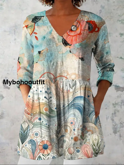 Women’s Stylish Elegant Art Floral Print V-Neck Three-Quarter Sleeve Top A / S