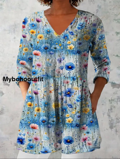 Women’s Stylish Elegant Art Floral Print V-Neck Three-Quarter Sleeve Top A / S