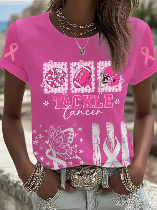 Women’s Tackle Breast Cancer Printed T shirt Pink / S