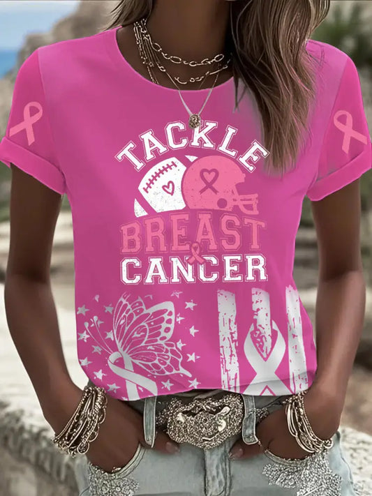 Women’s Tackle Breast Cancer Printed T shirt Pink / S