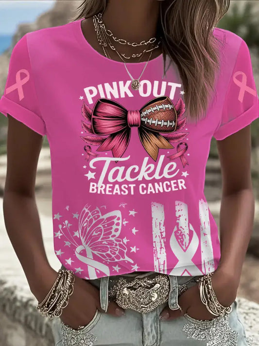 Women’s Tackle Breast Cancer Printed T shirt Pink / S