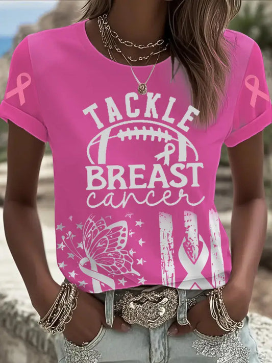 Women’s Tackle Breast Cancer Printed T shirt Pink / S