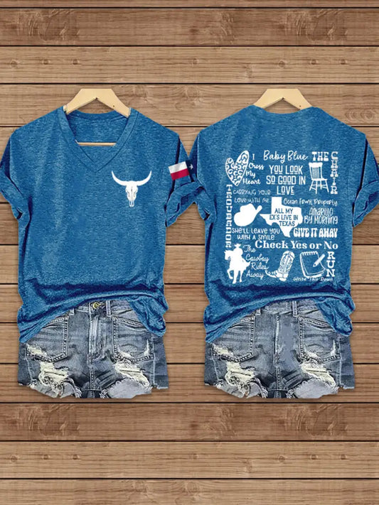 Women’s Texas Country Music Print short-sleeved T-shirt Blue / S