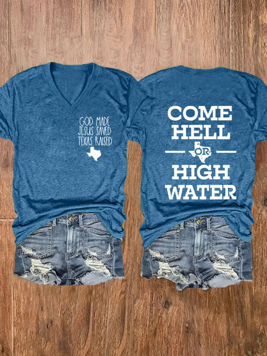 Women’s Texas Strong God Made Jesus Saved Texas Raised Come Hell Or High Water Short-sleeved T-shirt Blue / S