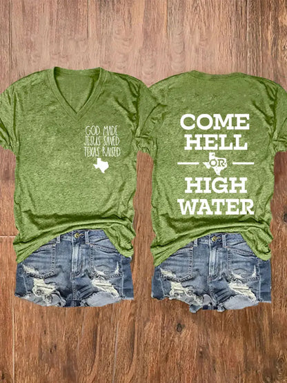 Women’s Texas Strong God Made Jesus Saved Texas Raised Come Hell Or High Water Short-sleeved T-shirt Green / S
