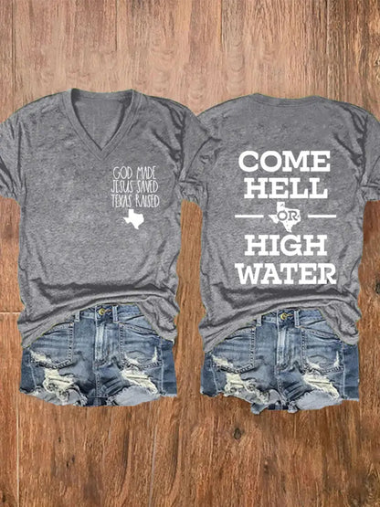 Women’s Texas Strong God Made Jesus Saved Texas Raised Come Hell Or High Water Short-sleeved T-shirt Light Gray / S