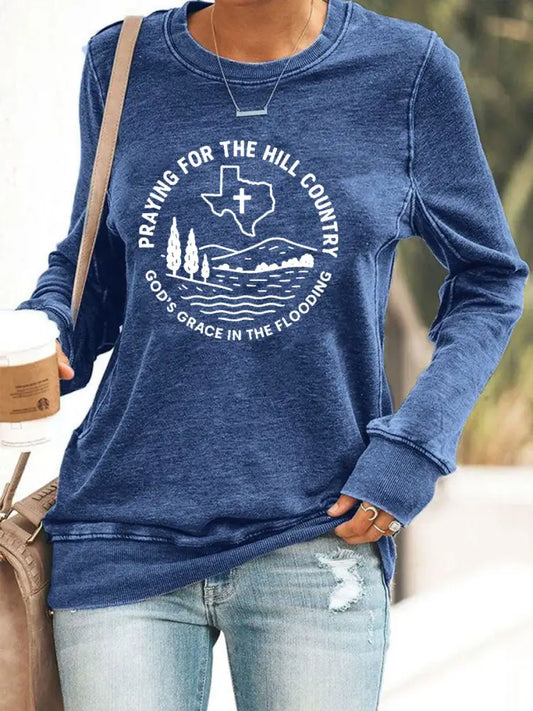 Women’s Texas Strong Praying For The Hill Country Print Top Blue / S