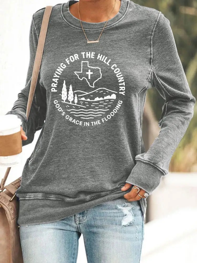Women’s Texas Strong Praying For The Hill Country Print Top Gray / S