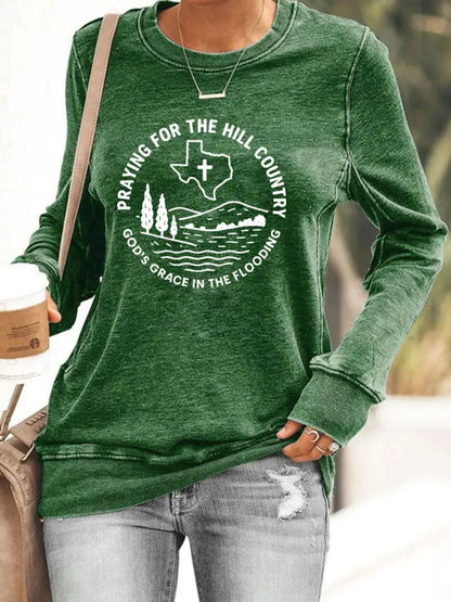 Women’s Texas Strong Praying For The Hill Country Print Top Green / S