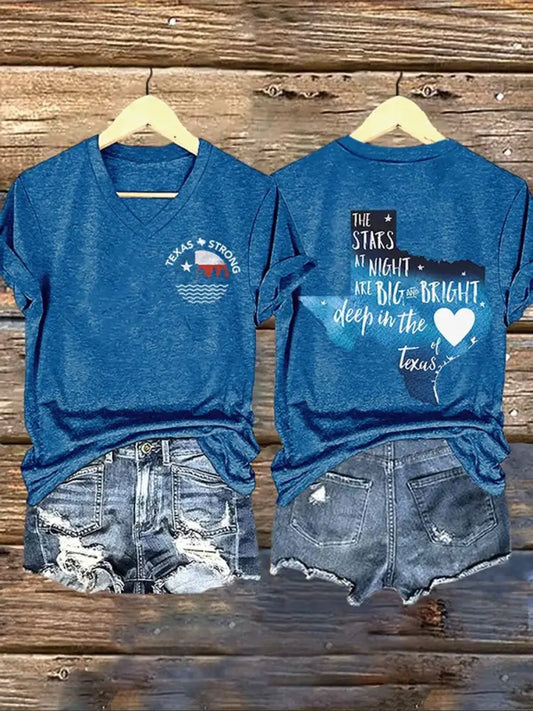 Women’s Texas Strong The Stars At Night Are Big And Bright Deep In The Heart Of Texas Printed T-Shirt Blue / S
