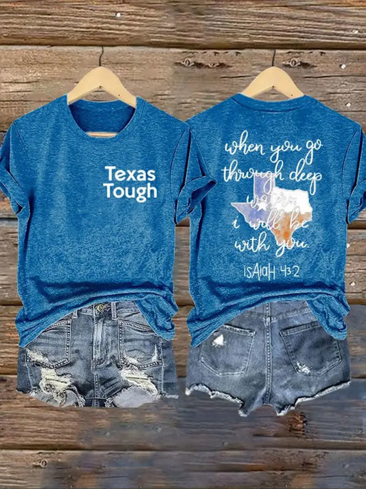 Women’s Texas Tough When You Go Through Deep Waters Printed T-Shirt Blue / S