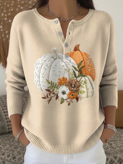 Women’s Thanksgiving Pumpkin Floral Art V-Neck Sweater Apricot / S