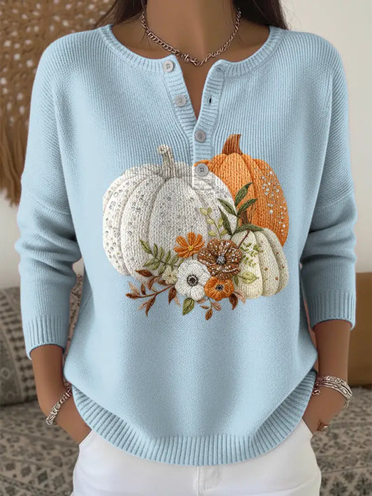 Women’s Thanksgiving Pumpkin Floral Art V-Neck Sweater Multicolour / S