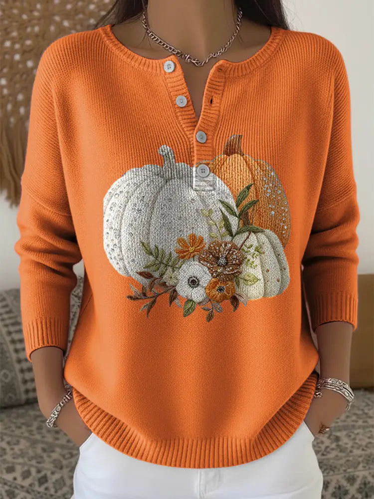 Women’s Thanksgiving Pumpkin Floral Art V-Neck Sweater Orange / S