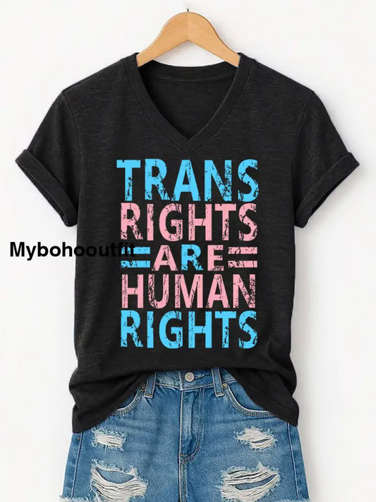 Women’s Trans Right Are Human Rights LGBTQ Pride Month V-Neck Tee Black / S