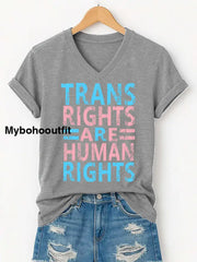 Women’s Trans Right Are Human Rights LGBTQ Pride Month V-Neck Tee Light Gray / S