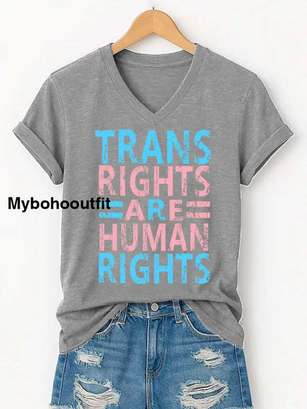 Women’s Trans Right Are Human Rights LGBTQ Pride Month V-Neck Tee Light Gray / S