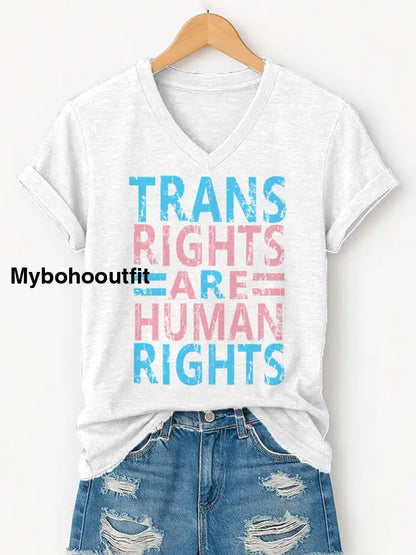 Women’s Trans Right Are Human Rights LGBTQ Pride Month V-Neck Tee White / S