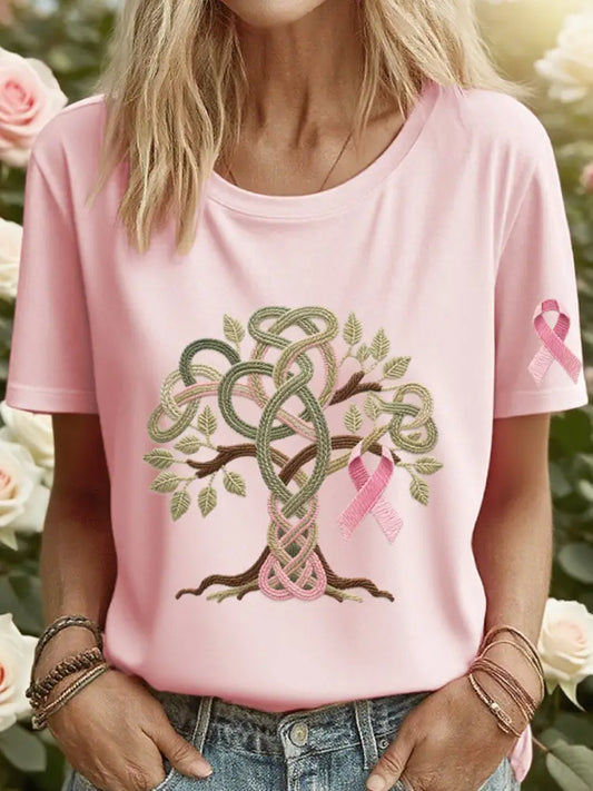 Women’s Tree of Life Ribbon Embroidered T-Shirt Pink / S