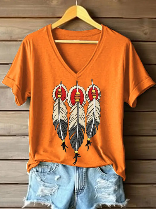 Women’s Tribal Feather Embroidered V-Neck T-Shirt Orange / S