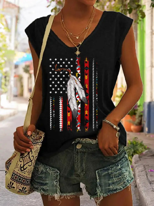 Women’s Tribal Feather Flag Print Tank Top Black / S