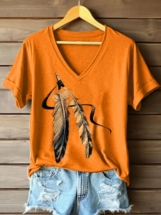 Women’s Tribal Feather Print V-Neck T-Shirt Orange / S