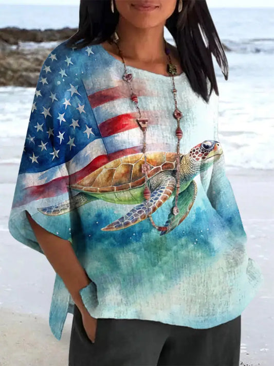 Women’s USA Flag Sea Turtle Print Short Sleeve Linen Shirt As picture / S