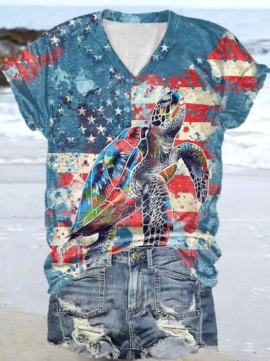 Women’s USA Flag Sea Turtle Print Short Sleeve Shirt As picture / S