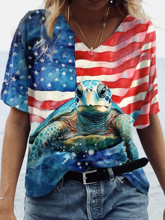 Women’s USA Flag Sea Turtle Print Short Sleeve Shirt As picture / S