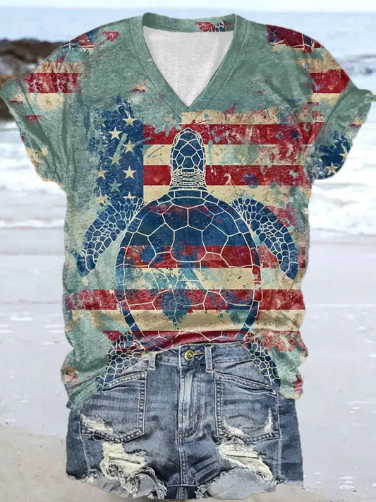 Women’s USA Flag Sea Turtle Print Short Sleeve Shirt As picture / S