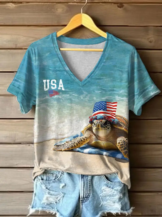 Women’s USA Flag Sea Turtle Print Short Sleeve Shirt As picture / S