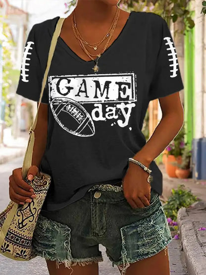 Women’s V neck Football Fans Lovers Gameday Casual T shirt with piping Black / S