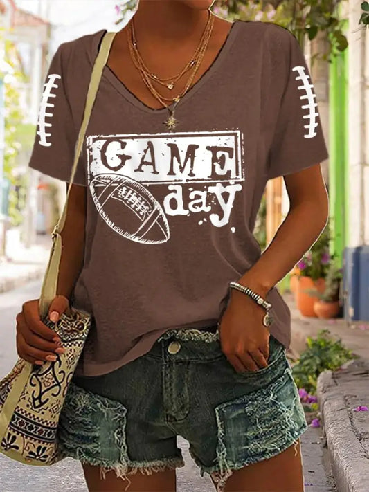 Women’s V neck Football Fans Lovers Gameday Casual T shirt with piping Brown / S