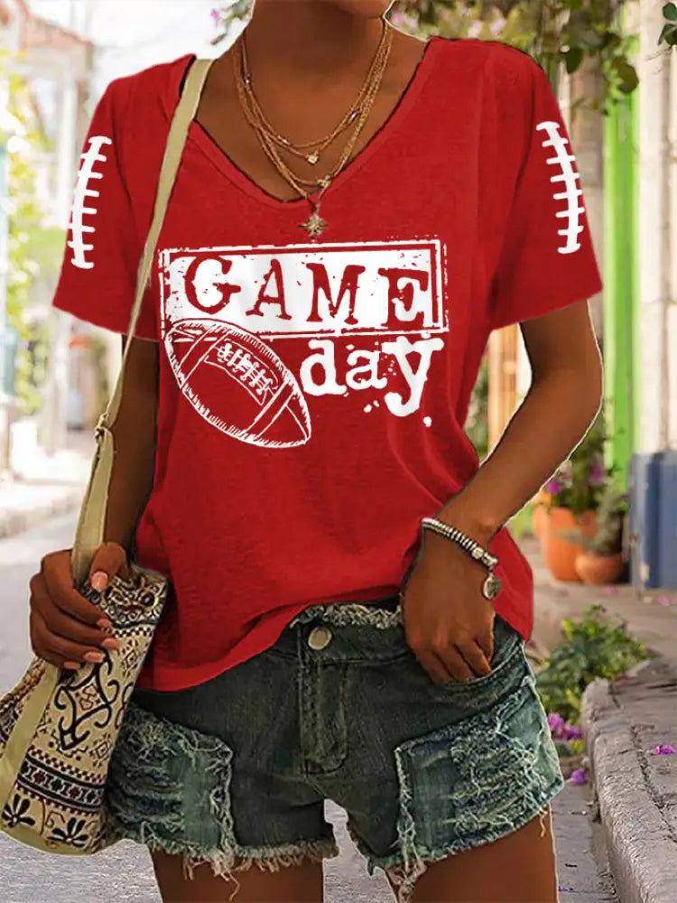 Women’s V neck Football Fans Lovers Gameday Casual T shirt with piping Red / S