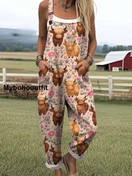 Women’s Vintage Animal Art Print Casual Overalls Wide Leg Pants A / S