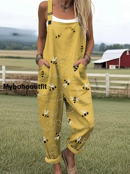 Women’s Vintage Animal Art Print Casual Overalls Wide Leg Pants A / S