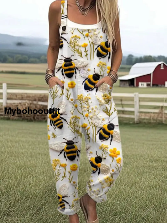 Women’s Vintage Animal Art Print Casual Overalls Wide Leg Pants A / S
