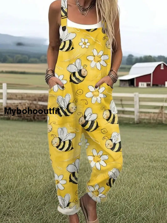 Women’s Vintage Animal Art Print Casual Overalls Wide Leg Pants A / S