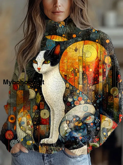 Women’s Vintage Art Cat Print Casual Chic Sweater Pullover A / S