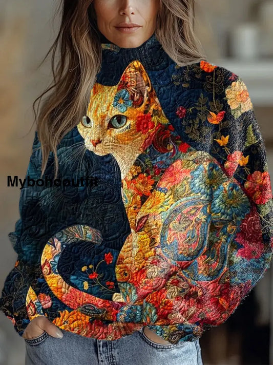 Women’s Vintage Art Cat Print Casual Chic Sweater Pullover A / S