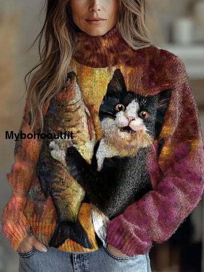 Women’s Vintage Art Cat Print Casual Chic Sweater Pullover A / S