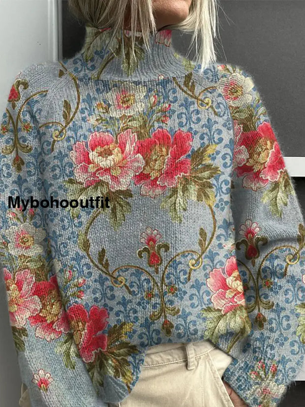 Women’s Vintage Art Floral Print Casual Chic Sweater Pullover A / S