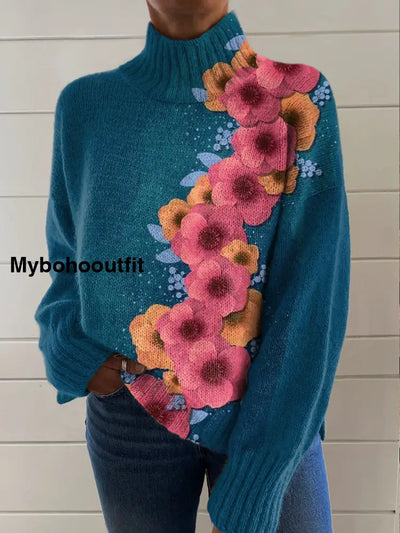 Women’s Vintage Art Floral Print Casual Chic Sweater Pullover A / S