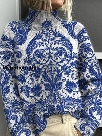 Women’s Vintage Art Floral Print Casual Chic Sweater Pullover A / S