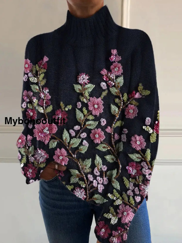 Women’s Vintage Art Floral Print Casual Chic Sweater Pullover A / S