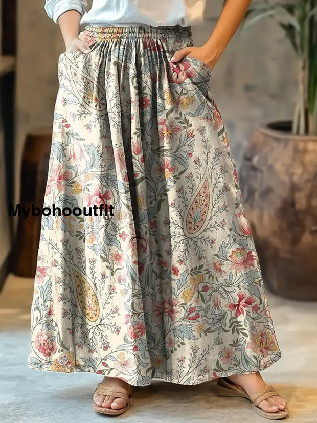 Women’s Vintage Art Floral Print Pocket Flowy Skirt A / S