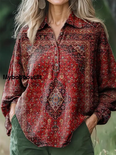 Women’s Vintage Art Print Casual Cotton And Linen Round Neck Button Pocket Mid-Length Sleeve