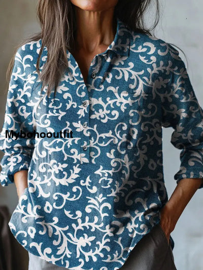 Women’s Vintage Art Print Casual Cotton And Linen Round Neck Button Pocket Mid-Length Sleeve