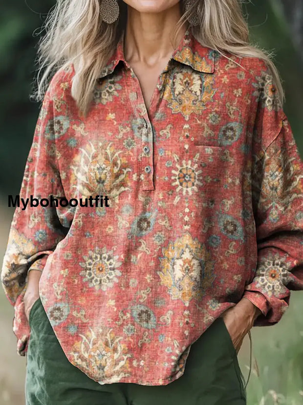 Women’s Vintage Art Print Casual Cotton And Linen Round Neck Button Pocket Mid-Length Sleeve